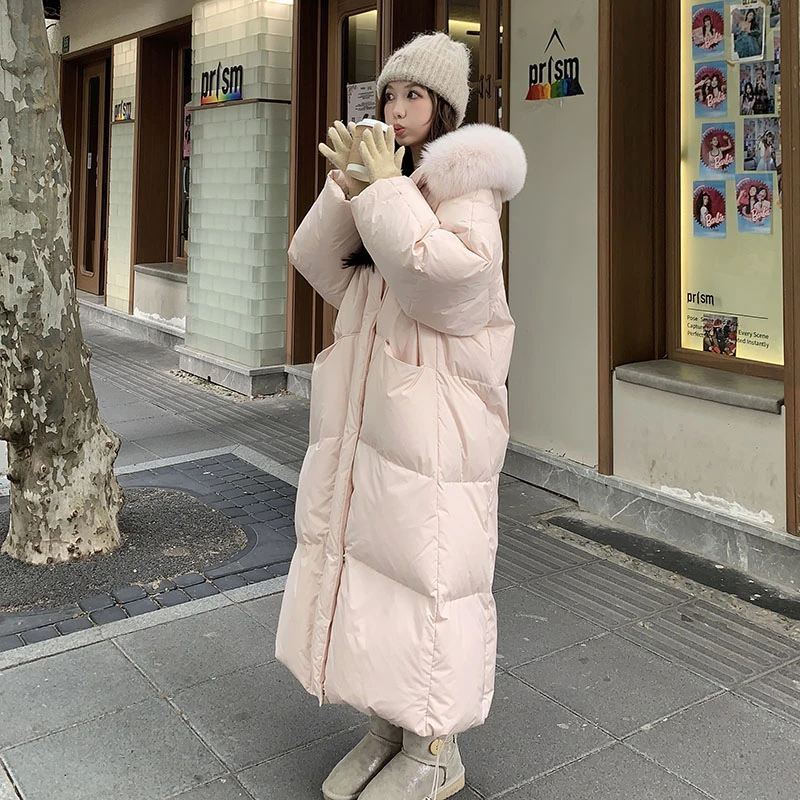 粉色高级感减龄大毛领长款棉服女2025冬季新款过膝保暖韩时尚棉袄