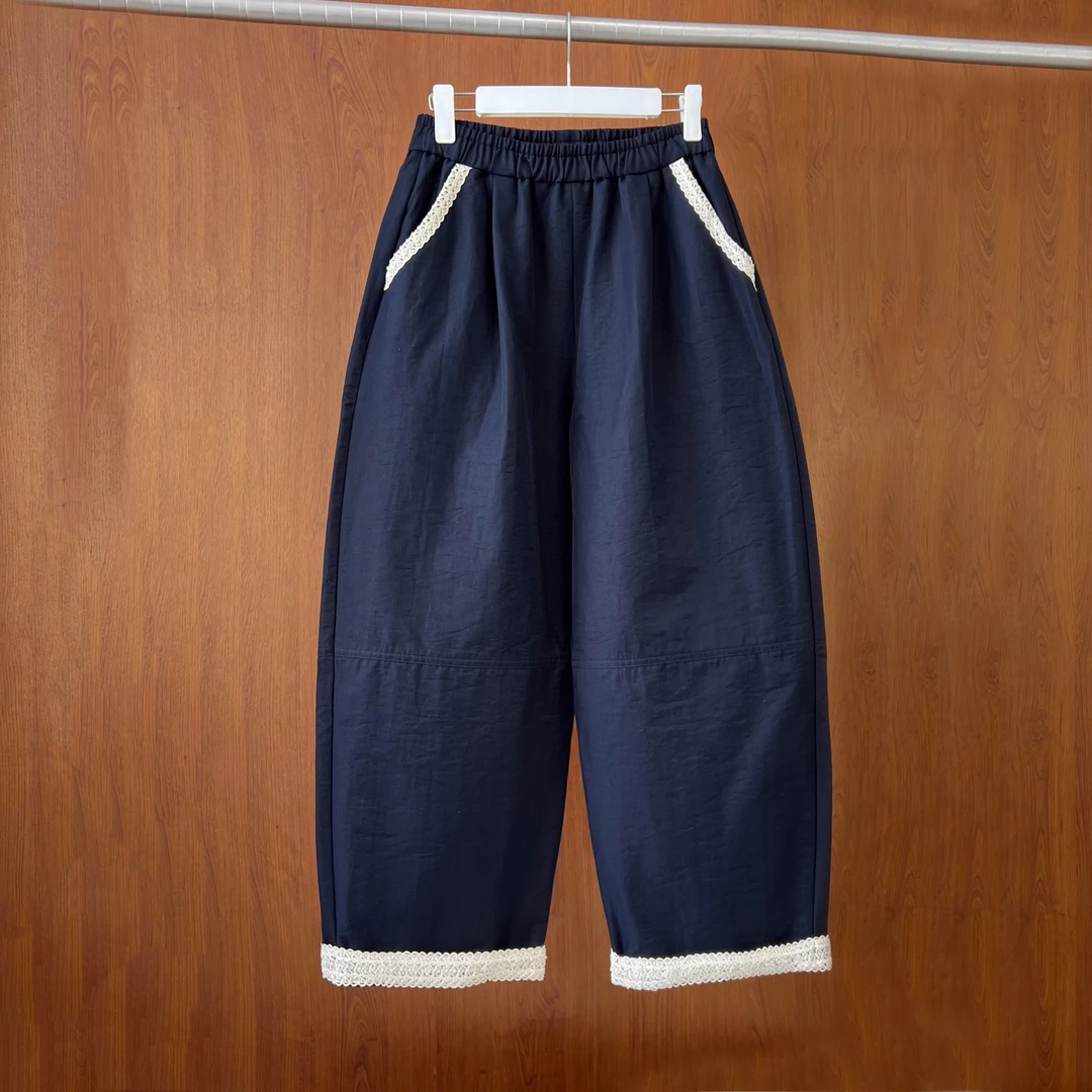 高级感蕾丝花边拼接哈伦裤女2025夏新款宽松休闲直筒裤显瘦九分裤