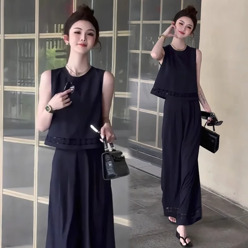 时尚套装女2025夏季新款钩花镂空无袖上衣高腰阔腿裤显瘦两件套潮