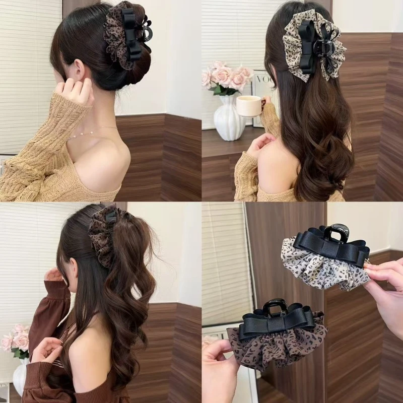 新款豹纹蝴蝶结裙摆发夹时尚百搭高级感发卡后脑勺马尾夹发饰
