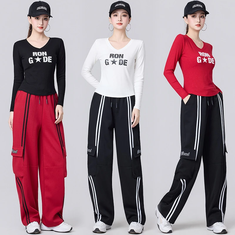 秋季新款休闲运动健身服长袖修身印花T恤宽松工装裤舞蹈演出服女