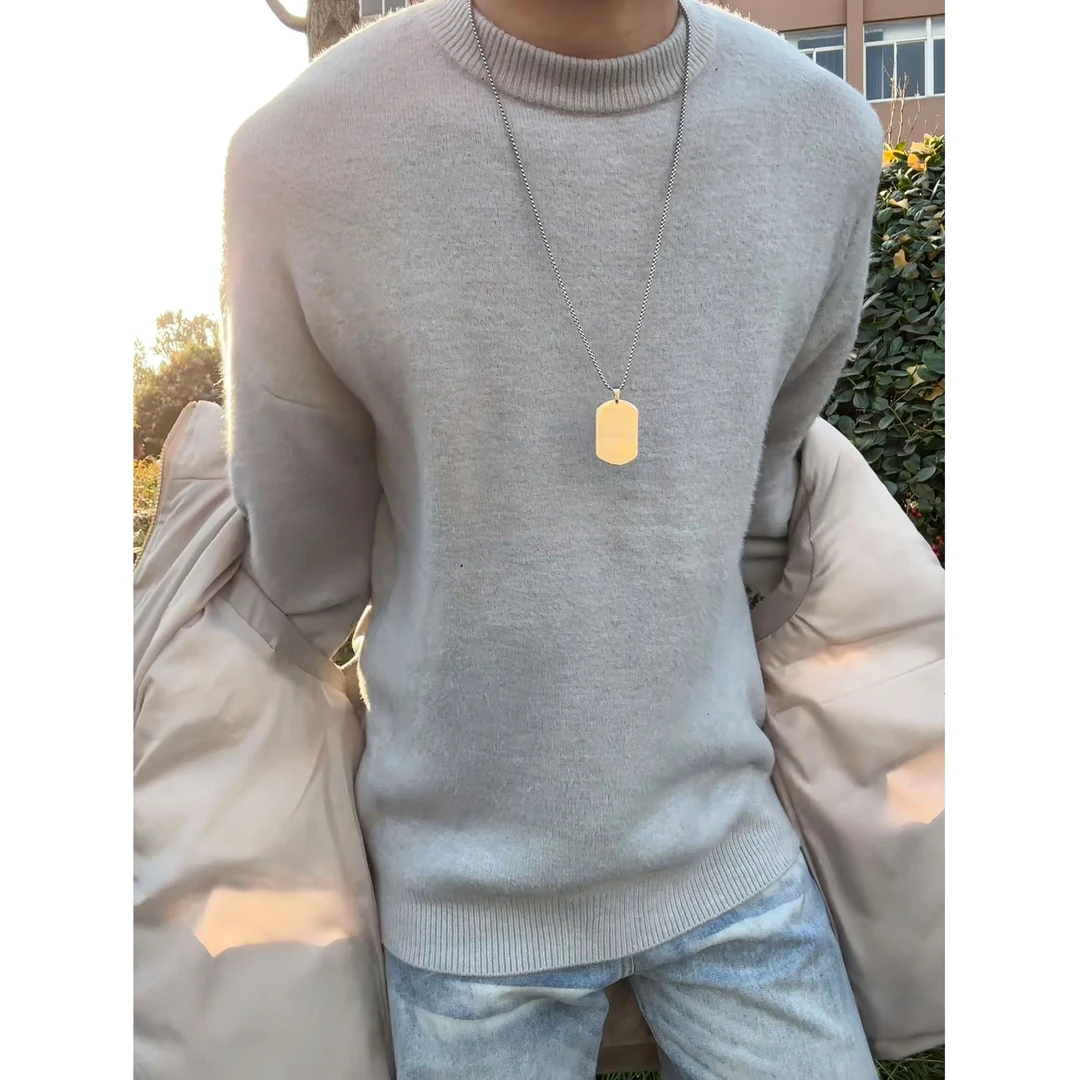 cleanfi浅灰色圆领毛衣男秋冬季加绒慵懒风基础款内搭打底针织衫