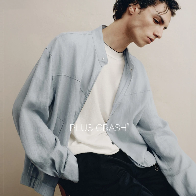 PLUS CRASH秋季拉链薄款百搭夹克纯色亚麻哈林顿老钱风松弛感男装