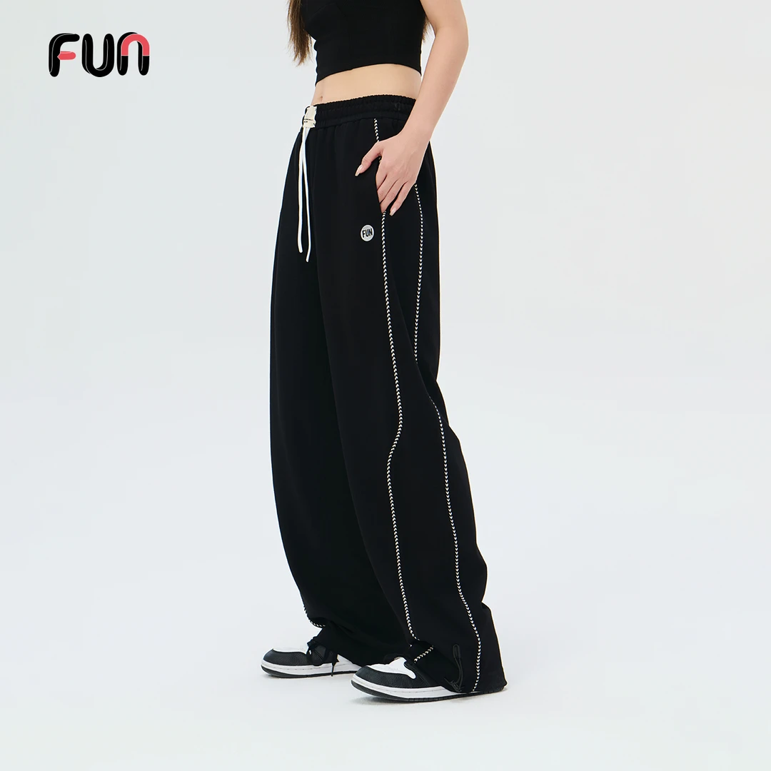 Fun2025秋冬季运动裤子抽绳阔腿裤针织裤侧边线条显腿直长裤女
