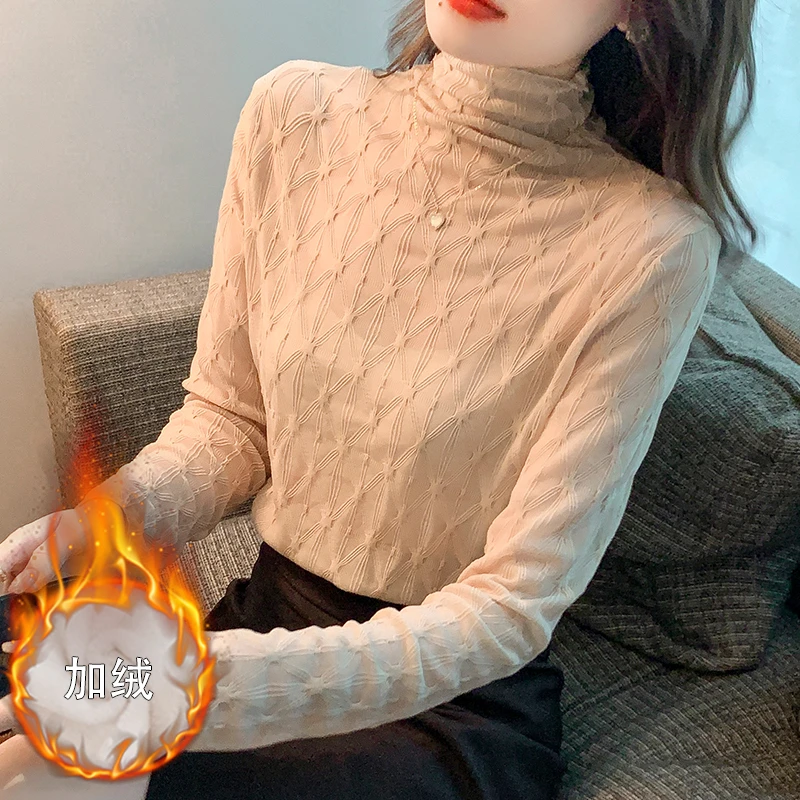 高领蕾丝打底衫女内搭2025秋冬新款时尚洋气小衫加绒加厚长袖上衣