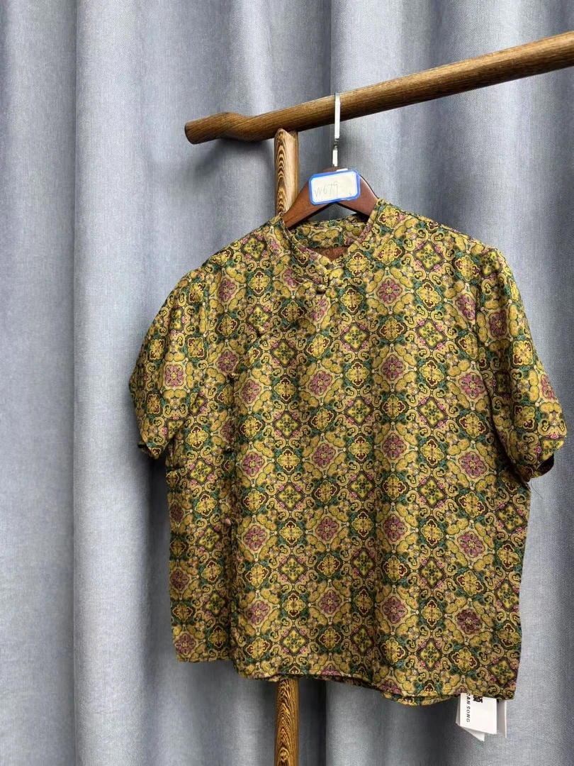 （瑕疵）夏季新款时尚简约新中式桑蚕丝奥黛提花上衣女w679