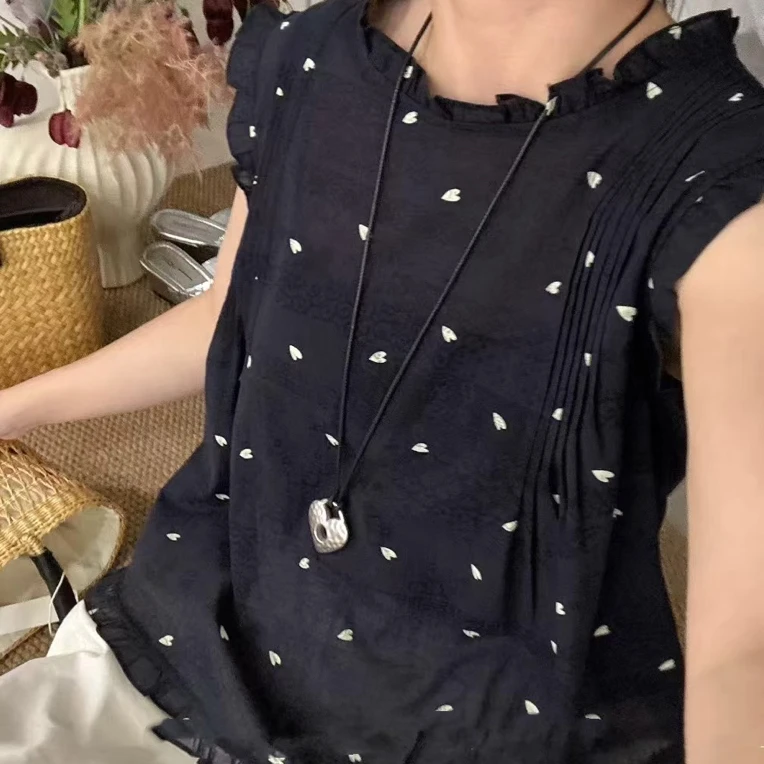 夏季时尚爱心印花木耳边无袖衬衫女洋气气质显瘦上衣