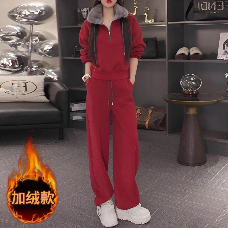 2026新年冬季超火穿搭洋气时尚休闲运动加绒红色系卫衣一整套装女