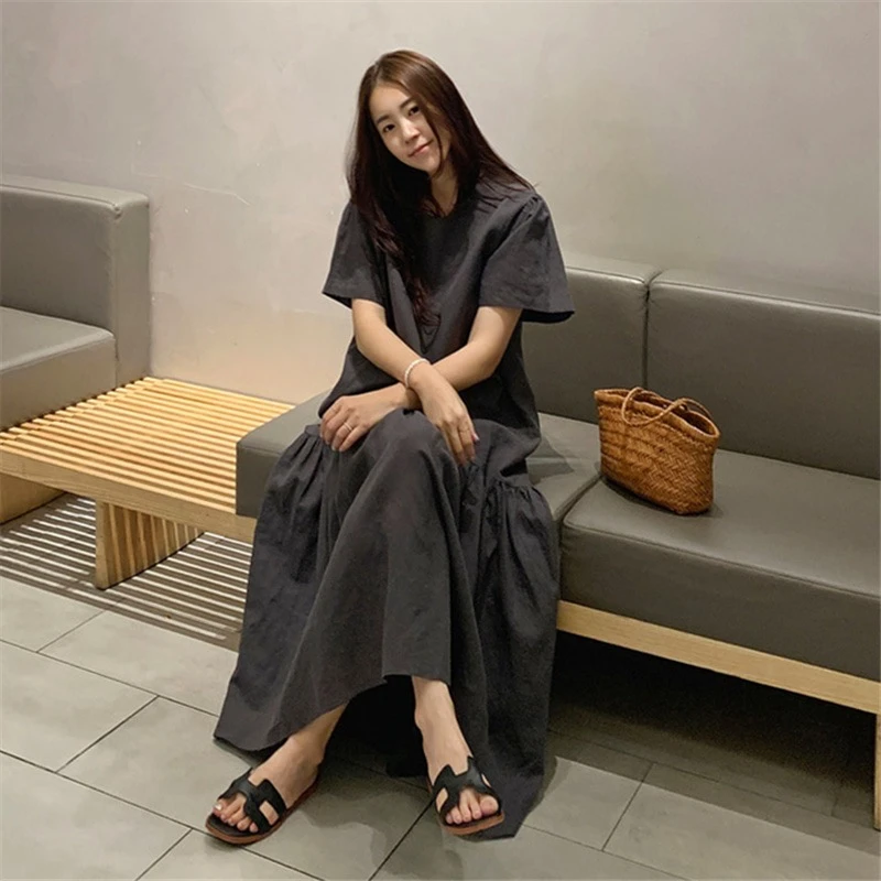 2025夏上新/韩版宽松显瘦短袖连衣裙女休闲复古到脚踝长裙子