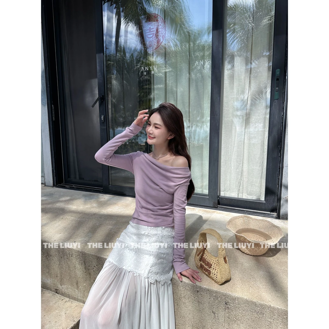【LIUYI】温柔紫~2025年春季新款一字肩显瘦长袖上衣设计感T恤51023