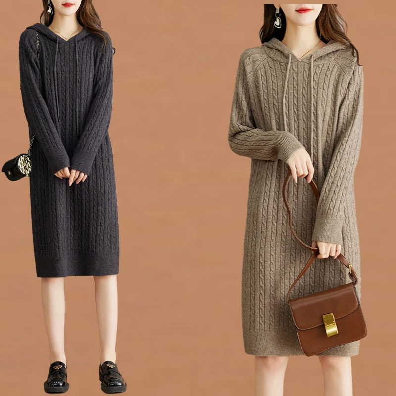 加厚连帽针织连衣裙女外穿秋冬2025新款大码胖MM宽松打底衫毛衣裙