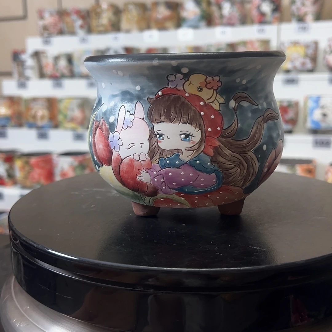 手绘陶瓷花盆口12高10.3
