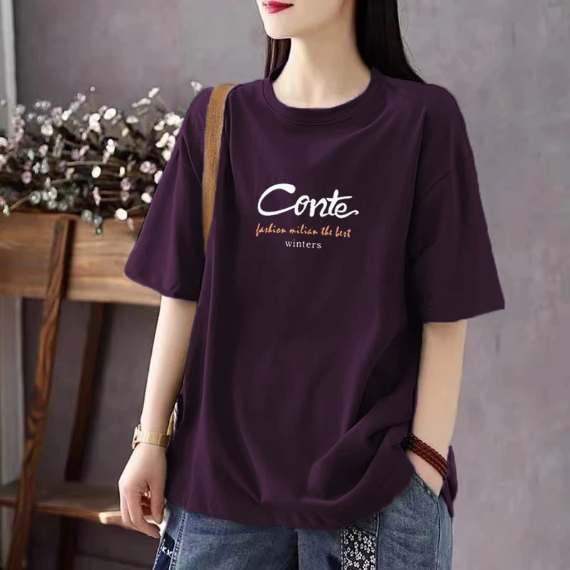 韩版时尚葡萄紫纯棉短袖t恤女夏季新款宽松显瘦上衣圆领洋气体恤
