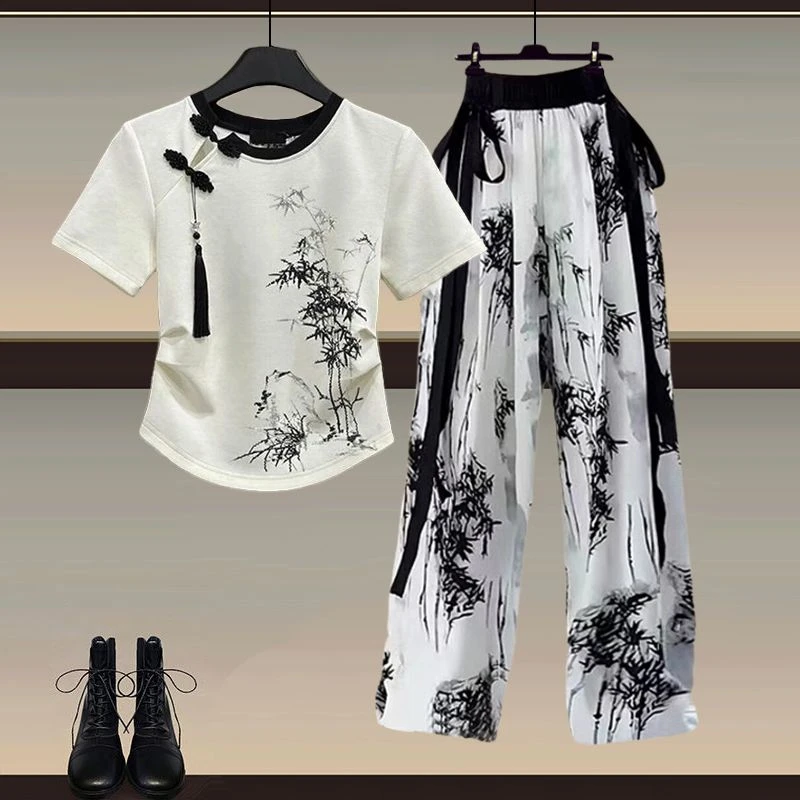 夏季穿搭一整套2025新款新中式短袖上衣搭配国风显瘦休闲裤两件套