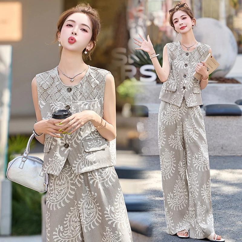 2025年夏季新款无袖时尚镂空领显瘦马甲阔腿裤气质套装女两件套装