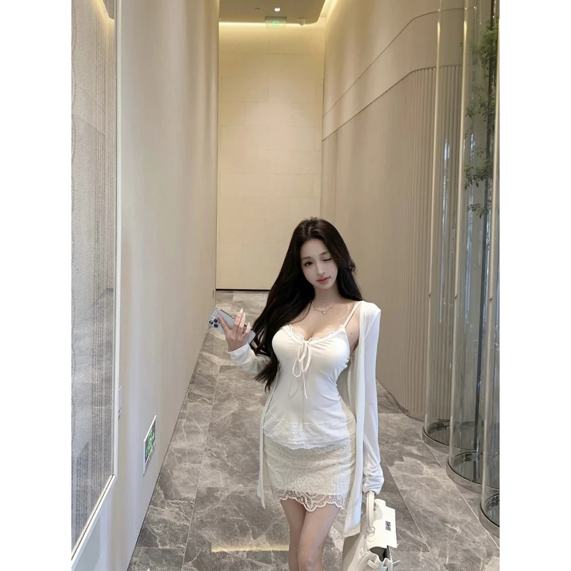 纯欲气质白色花边外穿修身吊带蕾丝包臀半身裙防晒薄开衫套装女夏