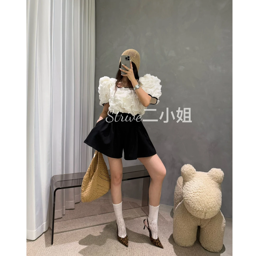 【配色无敌】原单泡菜订制重工拼边云朵泡泡袖上衣