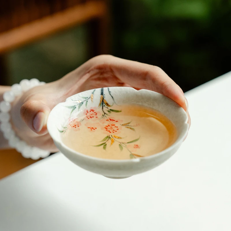 赞朴岩矿白斗笠杯陶瓷茶杯家用纯手绘桃花主人杯专用单个功夫茶具