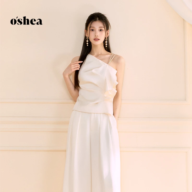 oshea 栀子白千金风斜肩衬衫女2025新款夏季不对称设计感别致上衣