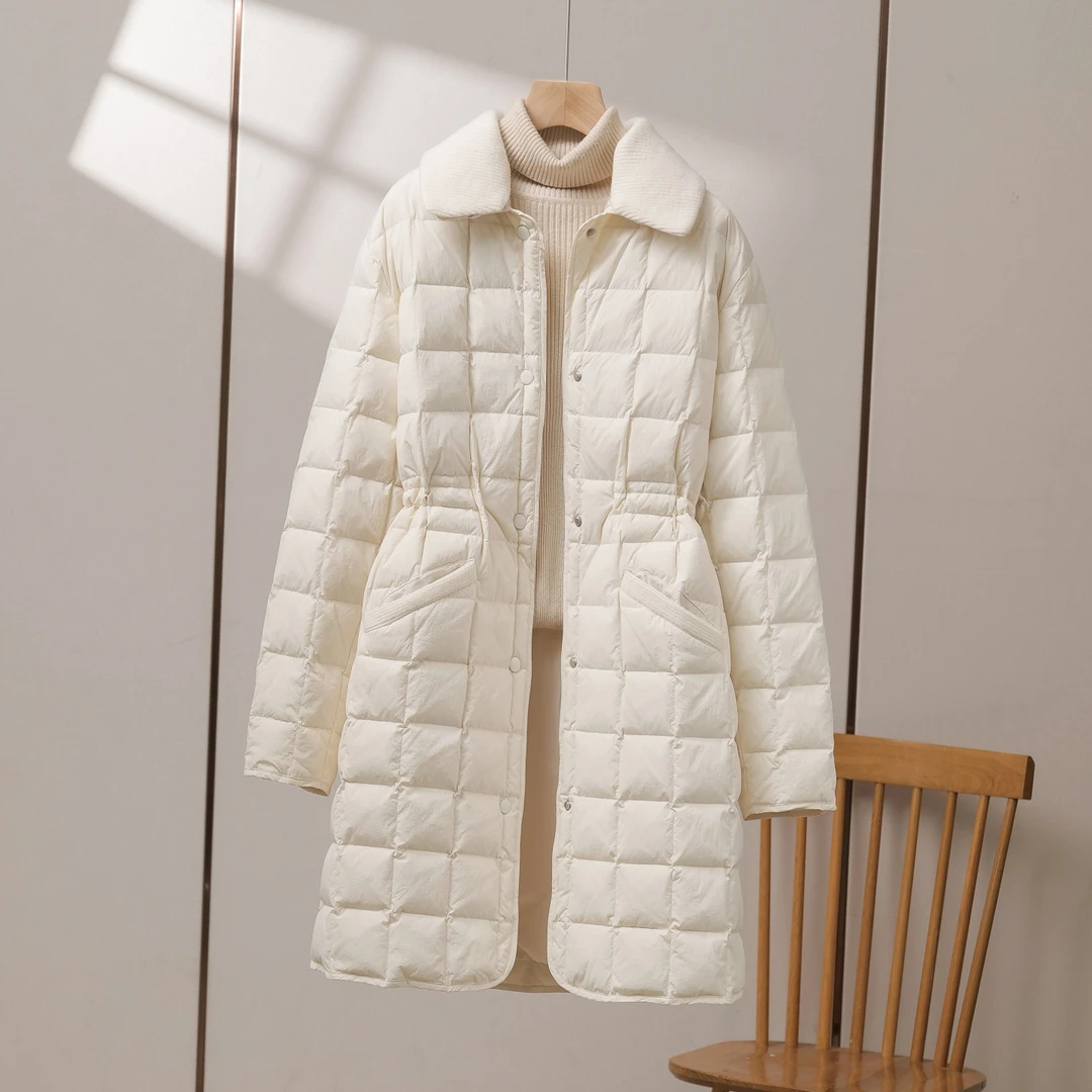 90白鸭绒轻薄羽绒服女中长款2025新款时尚气质收腰显瘦翻领外套潮