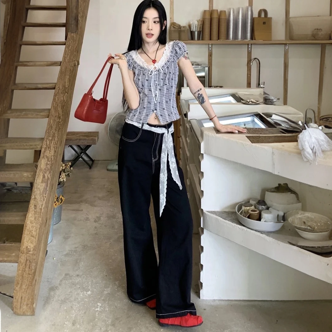 2025黑色蕾丝腰带休闲裤夏季新款韩系独特宽松慵懒垂感阔腿长裤