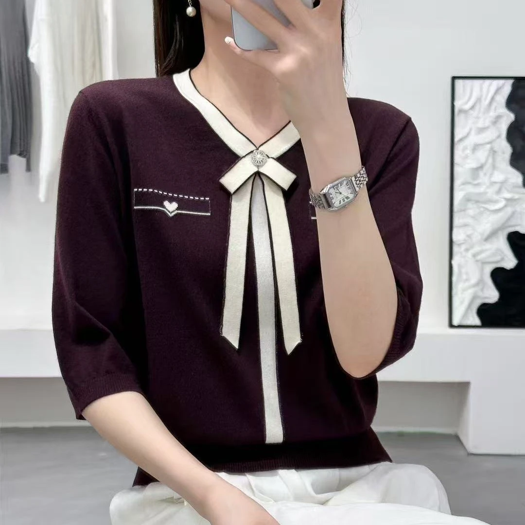 V领蝴蝶结洋气减龄百搭针织衫女小香风中袖上衣GF226