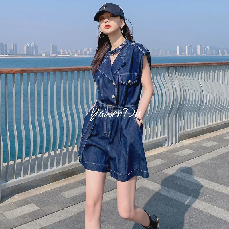 欧洲站无袖牛仔连体裤工装阔腿短裤女潮高腰夏季薄款高级感潮