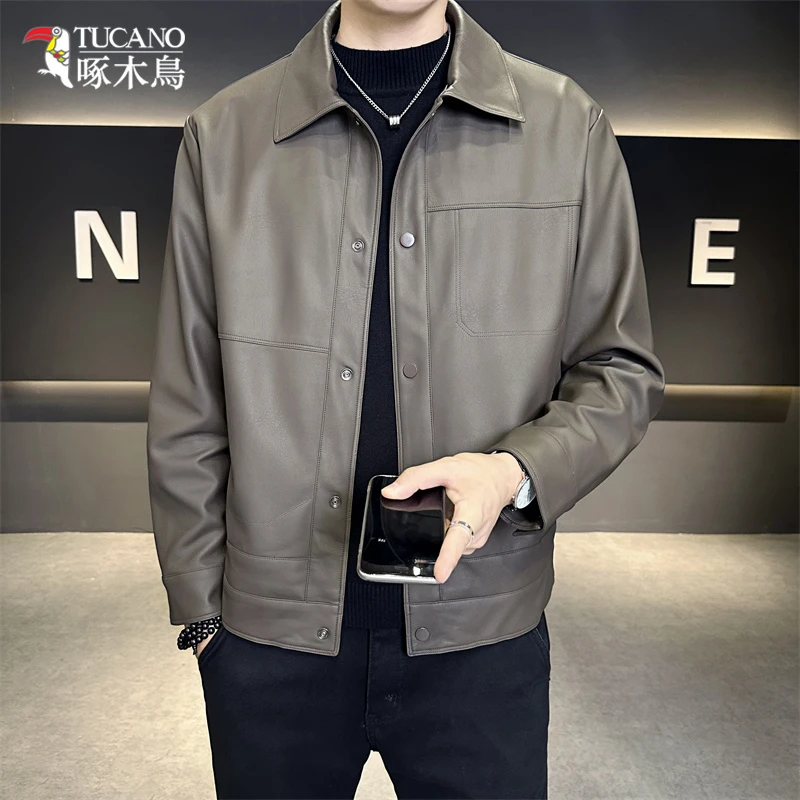 TUCANO/啄木鳥工装翻领皮夹克男士春秋外套百搭时尚潮流皮衣1116