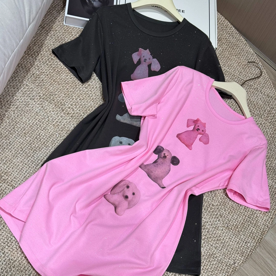 夏季卡通圆领潮流彩色小狗简约休闲时尚T恤短袖女上衣DP6539