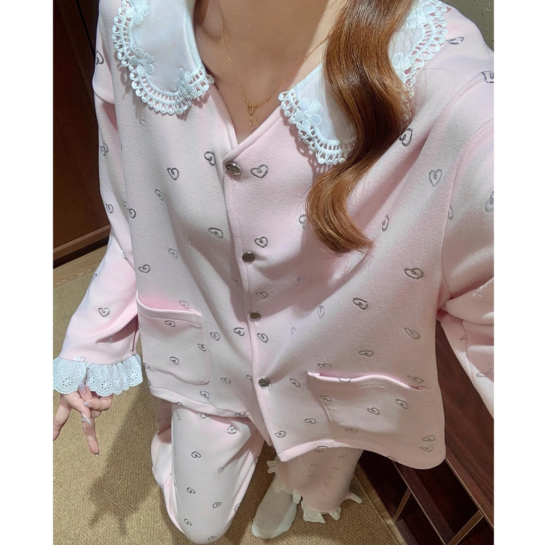 德绒睡衣女秋冬季长袖韩版甜美爱心套装高级感女士加厚保暖家居服