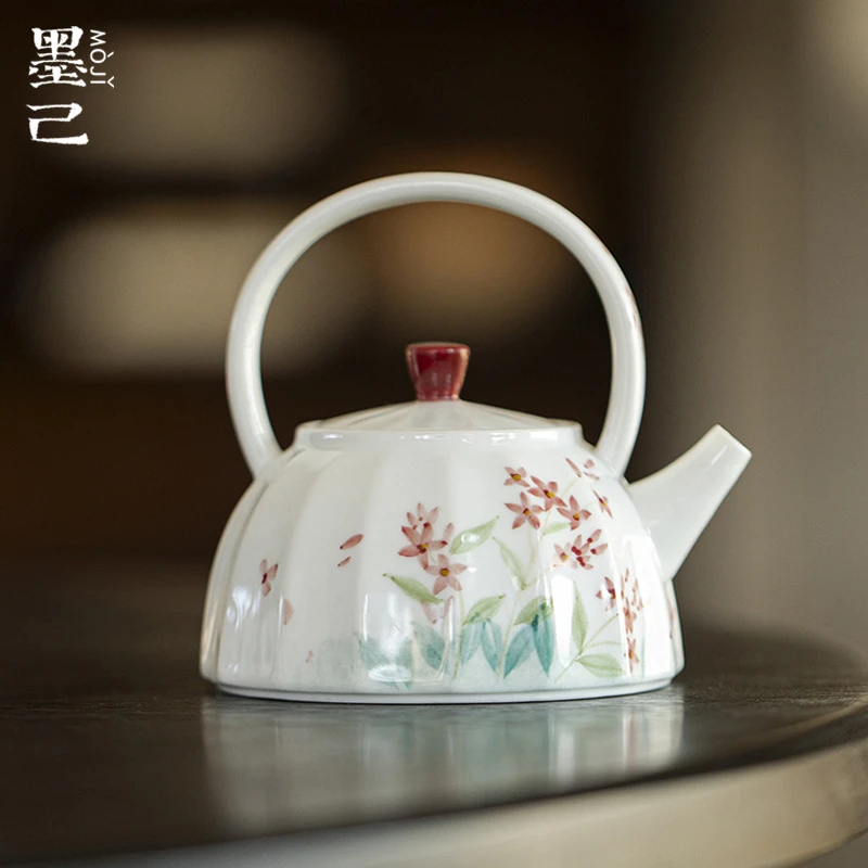 墨己玉泥白瓷瓜棱提梁壶朱华映春家用手绘小红花球孔过滤泡茶壶