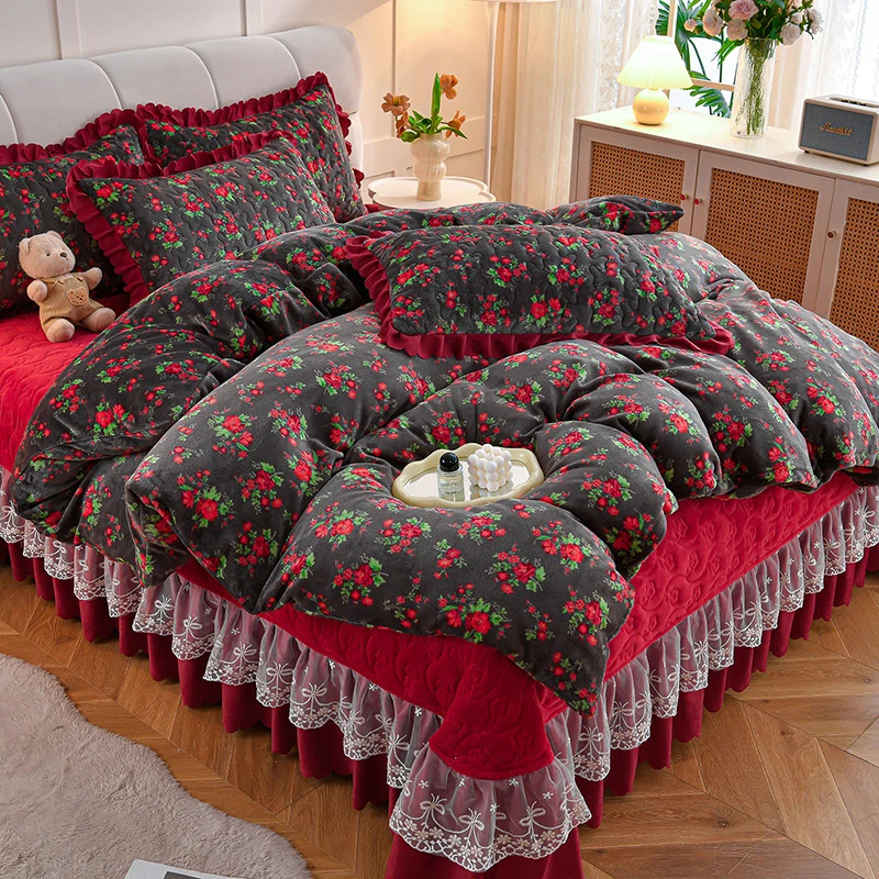 爆款AB款小清新奶油风加厚牛奶绒被套印花蕾丝花边床盖床裙四件套