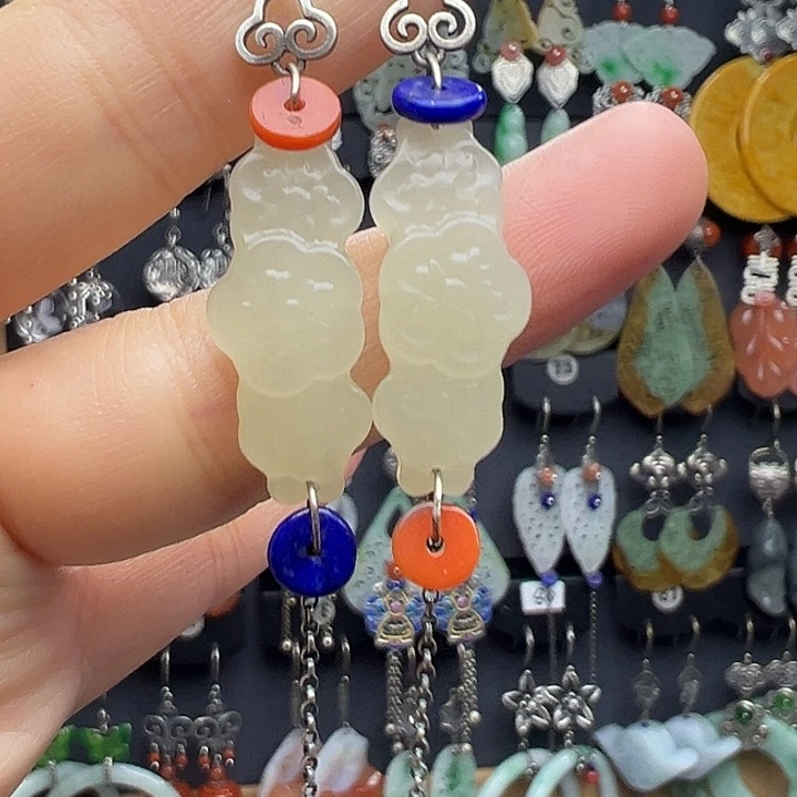 和田玉银S925镶嵌耳饰