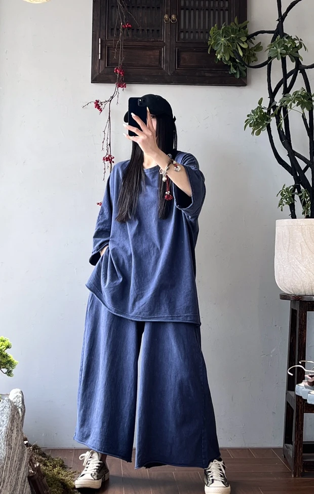 3128纯色短袖七分袖做旧通勤圆领T恤百搭