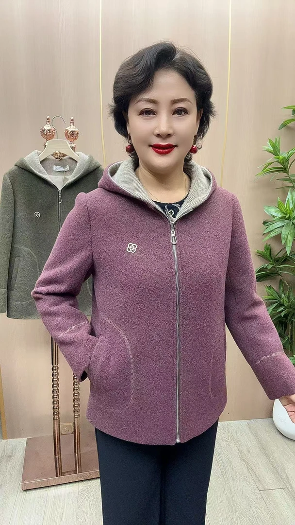 CF#52  衣长67 中老年女装  秋冬新款毛呢连帽外套