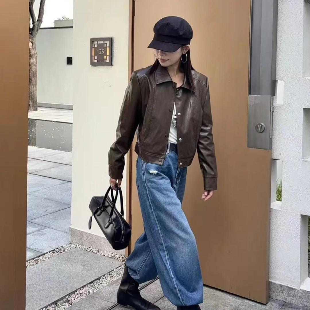 短款工装风皮衣复古翻领韩版休闲