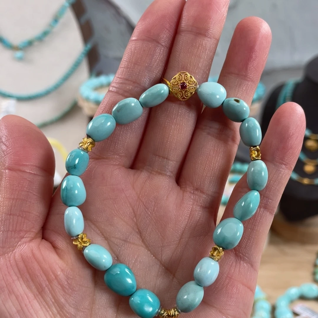 18K金镶嵌绿松石项链7+糖豆手串