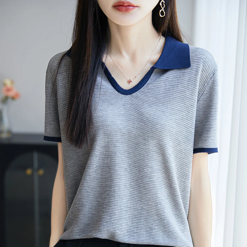 25夏季新款莱赛尔天丝女装时尚翻领小u套头百搭薄款针织衫上衣潮