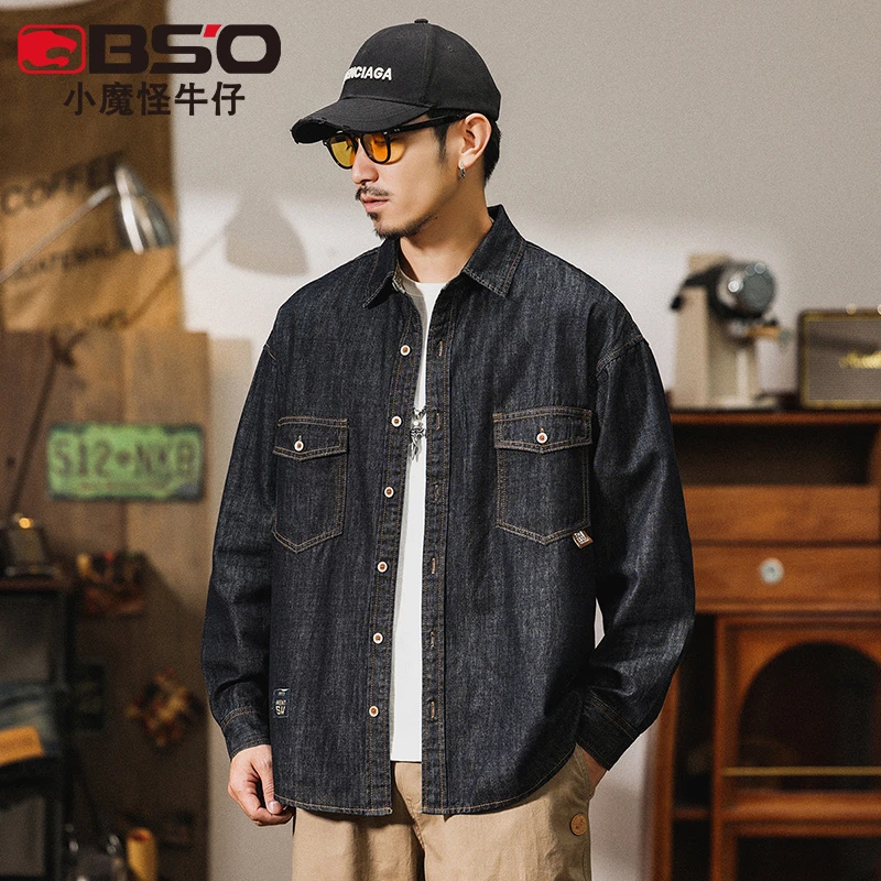 小魔怪2025春夏季牛仔衬衫男宽松长袖尖领加肥加大码胖子肥佬衬衣