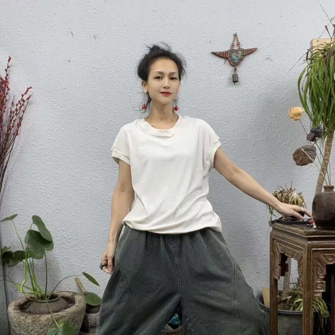 2400圆领光版砍袖细纹棉T上（长59胸围116-180