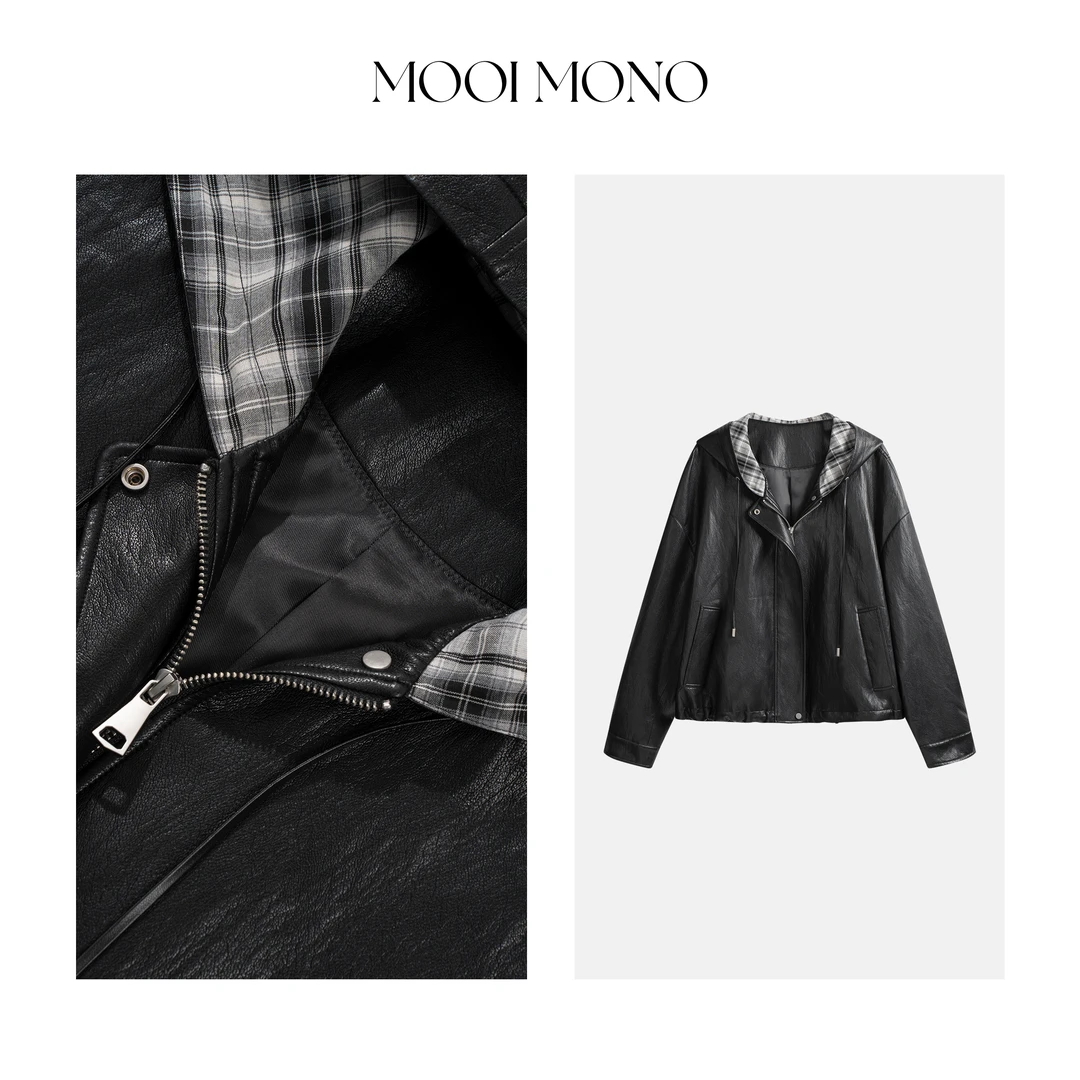 MOOI MONO"独家格纹"显瘦气质格纹拼接撞色连帽皮衣短外套W471L53