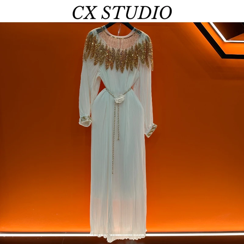 法式高级感重工钉珠系带圆领连衣裙春名媛气质优雅长裙SA9422