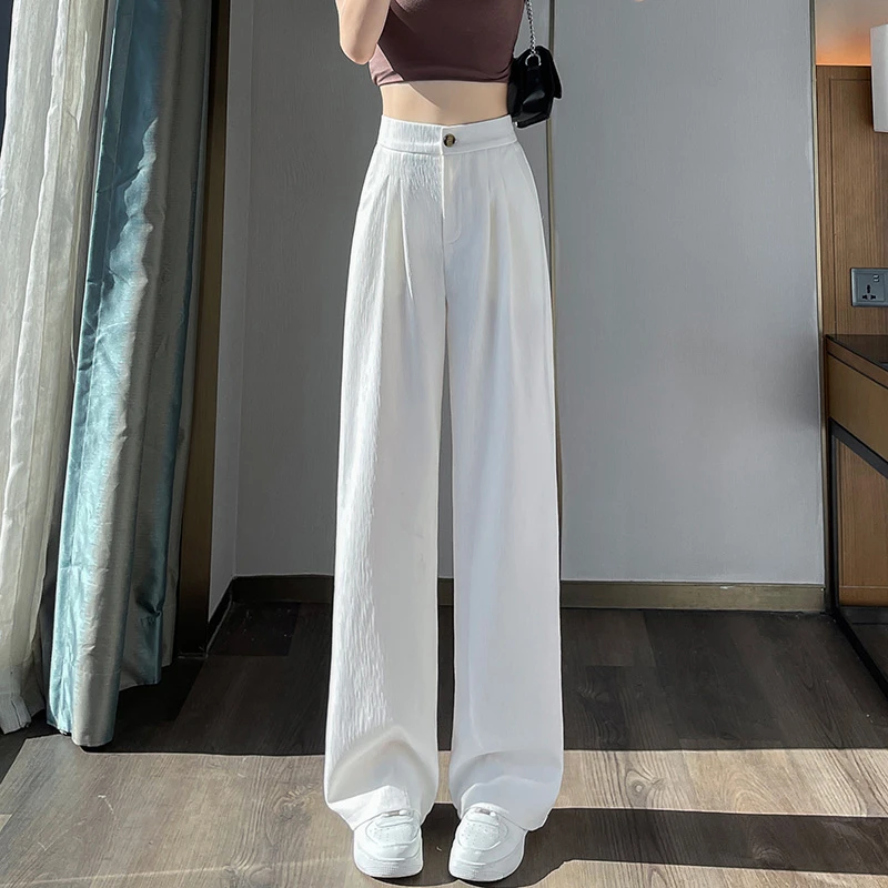 夏季薄款阔腿西装裤女时尚肌理感高腰垂感宽松显瘦直筒冰丝休闲裤