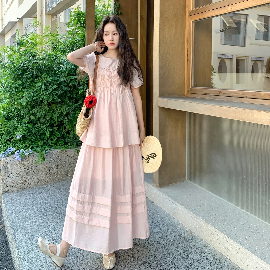 粉色浪漫韩系套装裙女2025新款打缆上衣撞色独特漂亮半身裙两件套