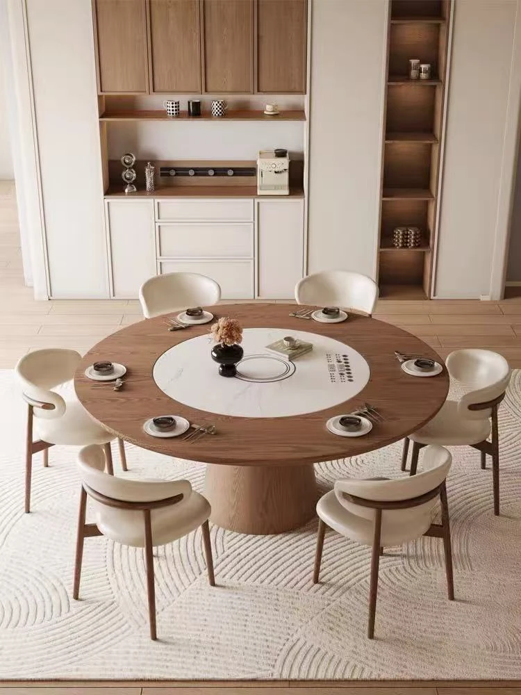 内嵌岩板转盘圆形实木餐桌侘寂风家用圆桌暖菜板中古风全实木饭桌