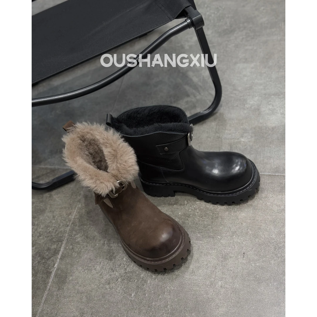 欧上秀2025年冬季新款厚底英伦复古短靴一脚蹬懒人时尚马丁靴