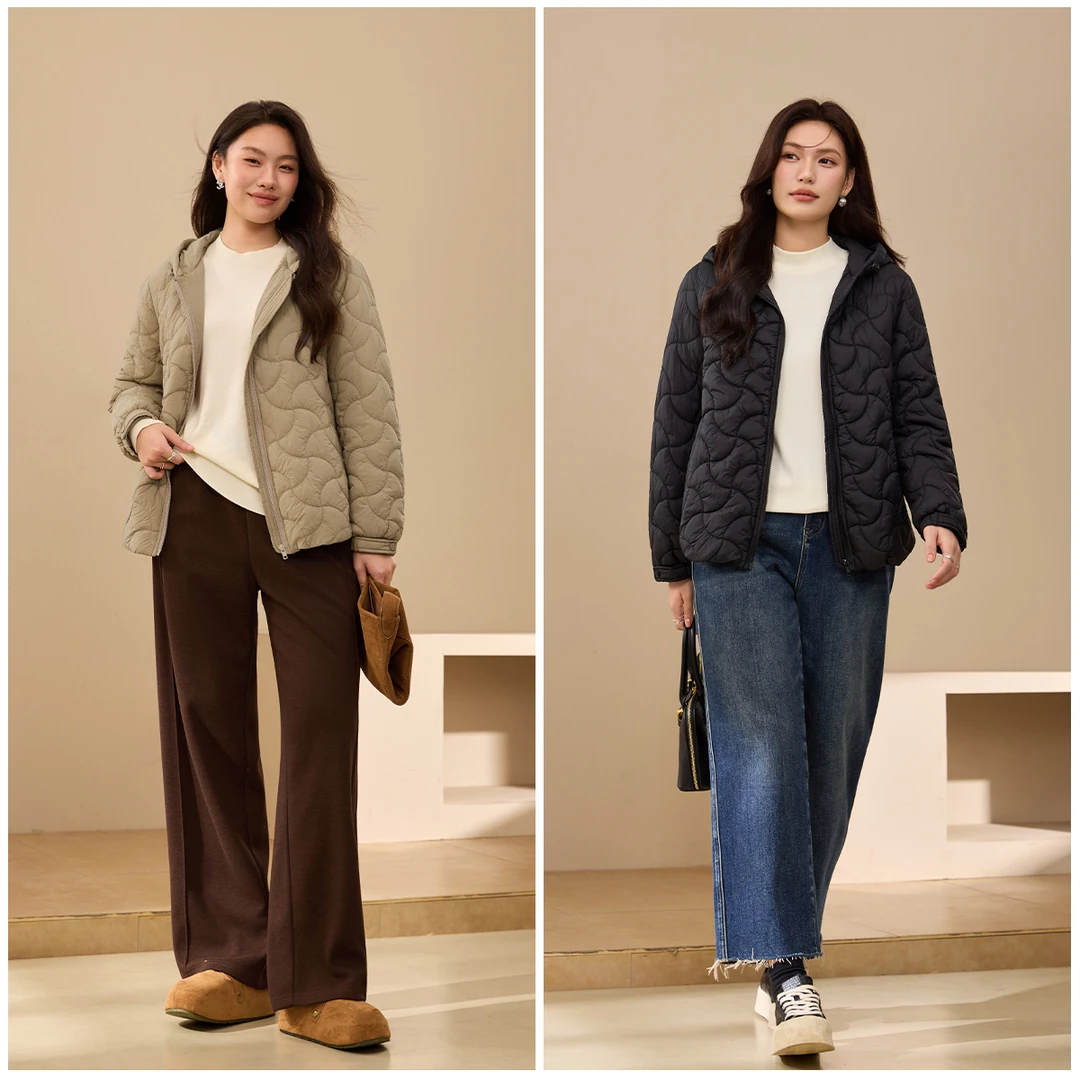 【星芒】纤莉秀大码女装流光风巴恩风撞色轻薄菱格设计感棉服QK3956