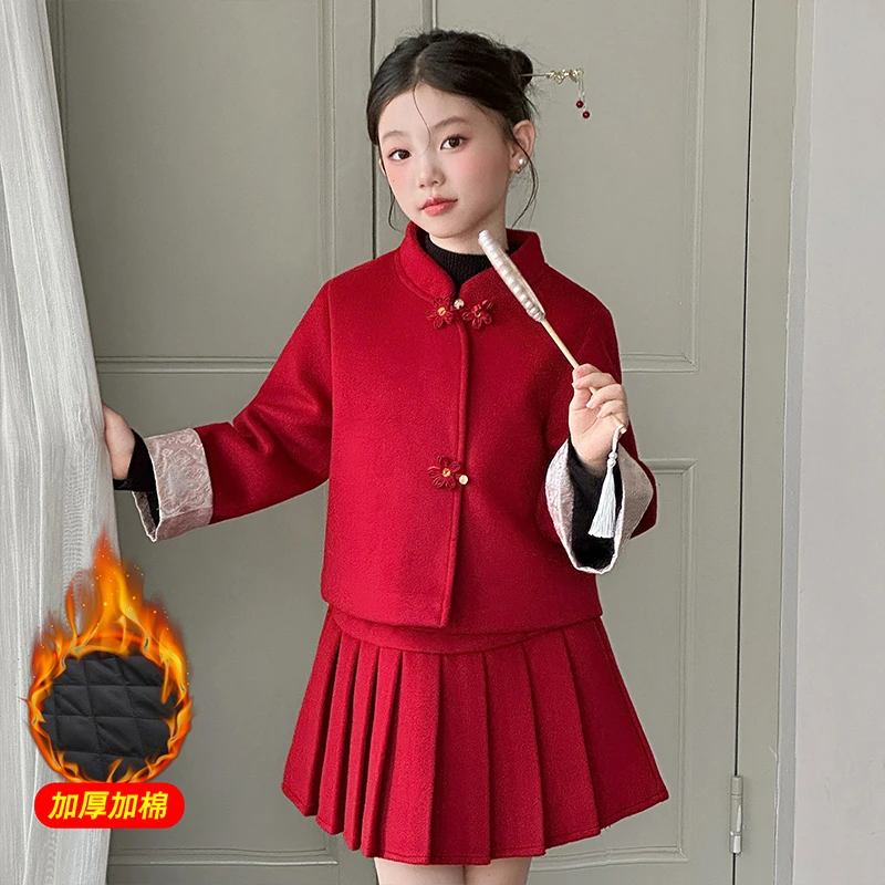 儿童小香风拜年服毛呢套装冬季加厚两件套新年时髦洋气外套半身裙