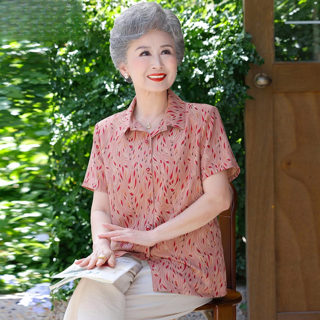 恒源祥彩羊老年人夏装女短袖奶奶衬衫中老年女装妈妈夏季衬衣老太