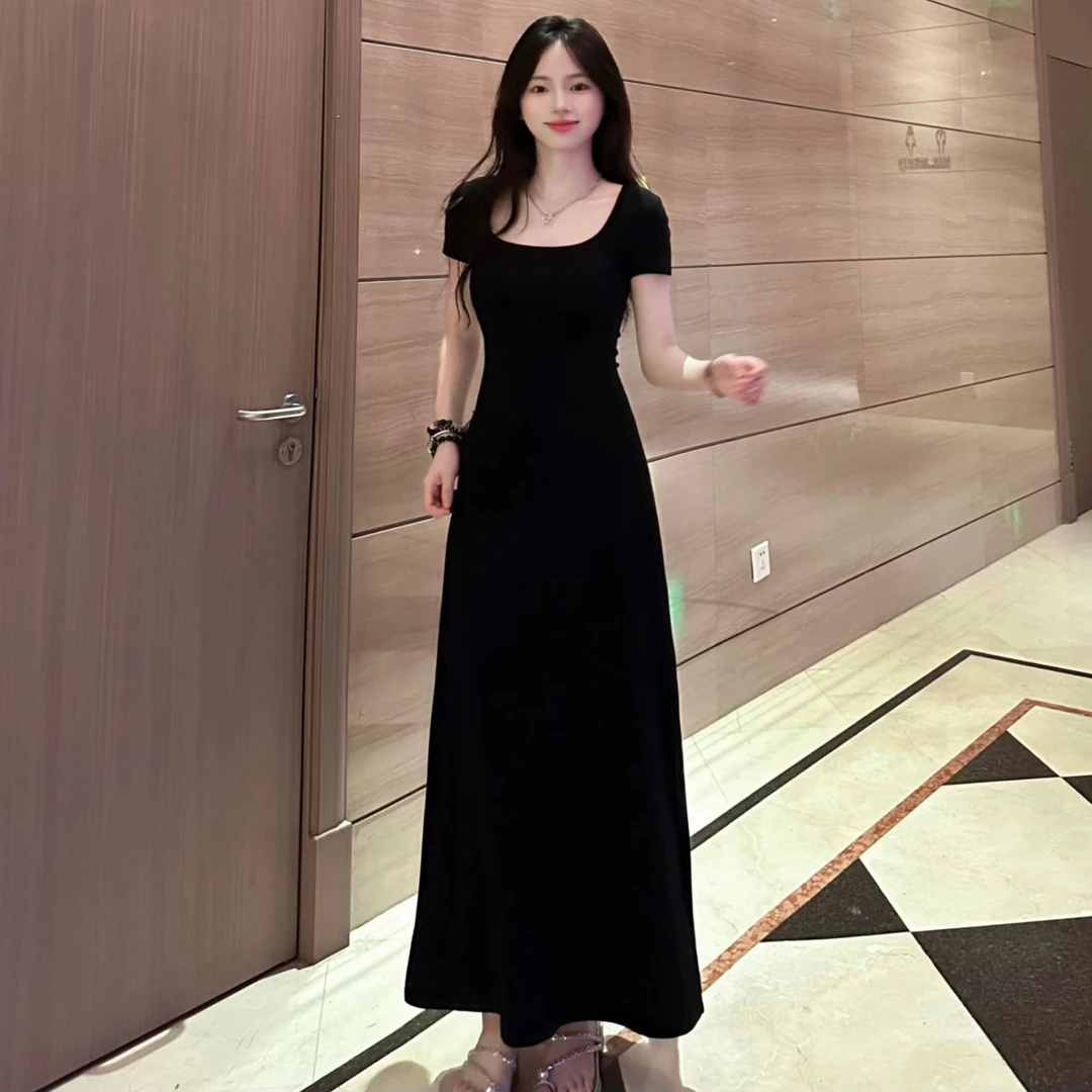 纯色修身短袖连衣裙圆领收腰垂感法式长裙纯欲风高腰显瘦大摆裙